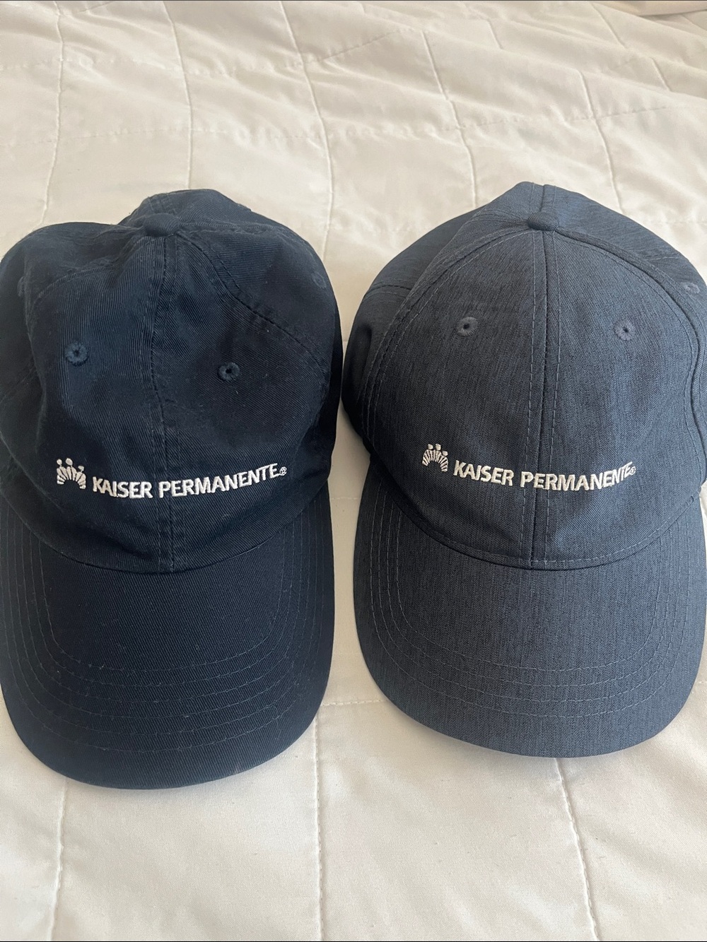 Kaiser Permanente navy blue baseball hats white logo chambray & cotton